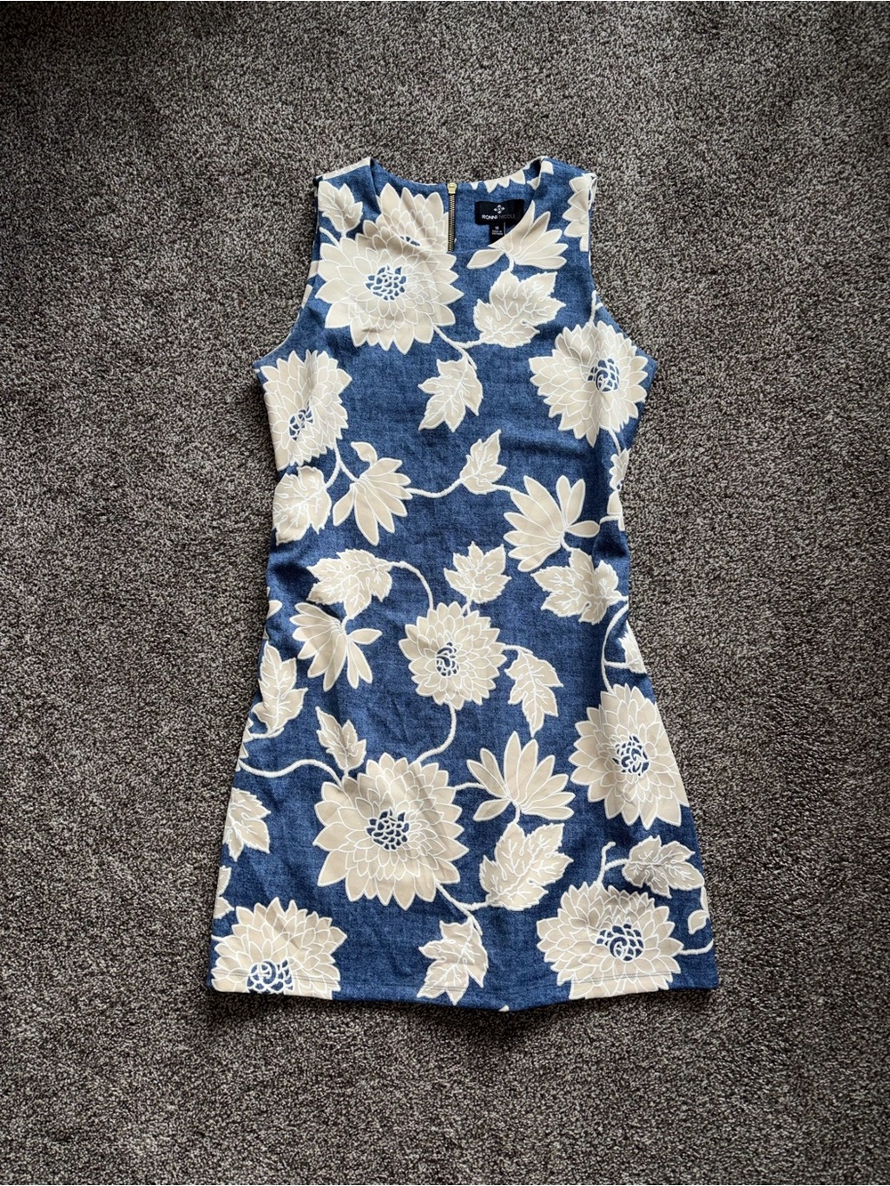 Ronni Nicole Navy Blue and Cream Floral Sheath Dress